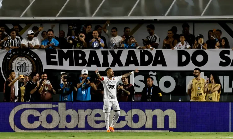Soccer Football - Brasileiro Championship - Santos v Sport Recife - Estadio Urbano Caldeira, Santos, Brazil - November 28, 2025 Santos' Neymar celebrates scoring their first goal REUTERS/Thiago Bernardes