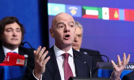 FIFA president Gianni Infantino speaks, as he and Argentina's President Javier Milei attend the inaugural Board of Peace meeting at the U.S. Institute of Peace in Washington, D.C., U.S., February 19, 2026. REUTERS/Kevin Lamarque