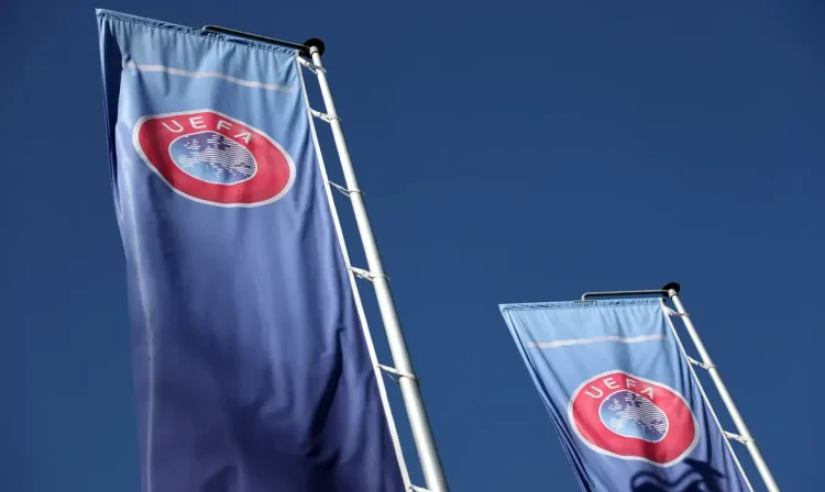 Soccer Football - UEFA Conference League - Draw for Round of 16, Quarter Finals, Semi Finals & Final - UEFA Headquarters, Nyon, Switzerland - February 27, 2026 General view of flags outside the UEFA Headquarters after the draws REUTERS/Pierre Albouy