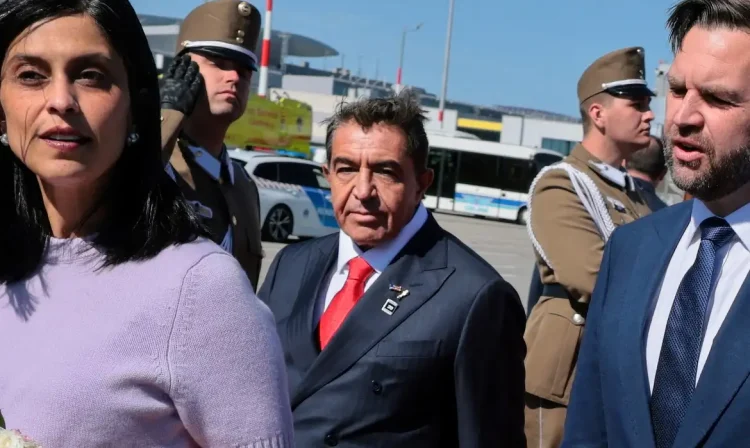 Paolo Zampolli (2nd L), a friend of President Donald Trump and Trump's envoy for global partnerships, joins Hungarian Foreign Minister Peter Szijjarto and other dignitaries on the red carpet to welcome U.S. Vice President JD Vance and second lady Usha Vance as they arrive at Budapest Ferenc Liszt International Airport in Budapest, Hungary, April 7, 2026. REUTERS/Jonathan Ernst/Pool