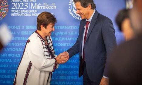 12/10/2023, O ministro da Fazenda, Fernando Haddad, durante reunião bilateral com Kristalina Georgieva, Diretora-Geral do FMI. Foto: Diogo Zacarias/MF