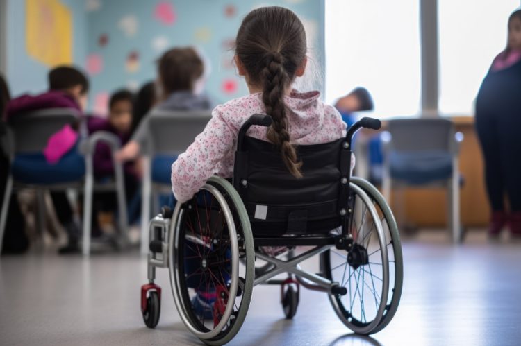 Imagem de uma sala de aula, com algumas crianças e, em primeiro plano, uma menina cadeirante, de costas.