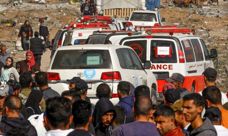 A convoy of ambulances and a UN truck heads towards north Gaza during a temporary truce between Israel and Hamas, near Gaza City November 24, 2023. REUTERS/Ibraheem Abu Mustafa