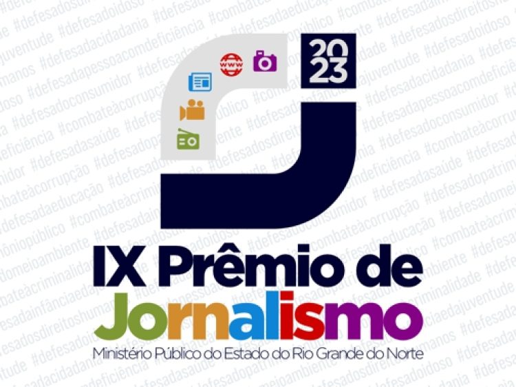 Imagem com diversas cores, onde aparece uma figura representando duas letras "J" unidas e, abaixo, está escrito "IX Prêmio de Jornalismo - Ministério Público do Rio Grande do Norte"