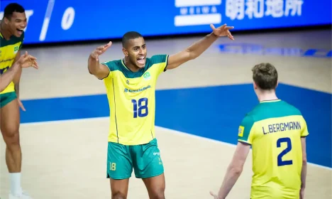 Seleção brasileira masculina vencer Alemanha no primeiro jogo da segunda semana da Liga das Nações de vôlei, em 03/06/2024