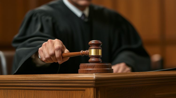 Imagem de um um homem, vestido com uma toga preta, batendo um martelo sobre a mesa