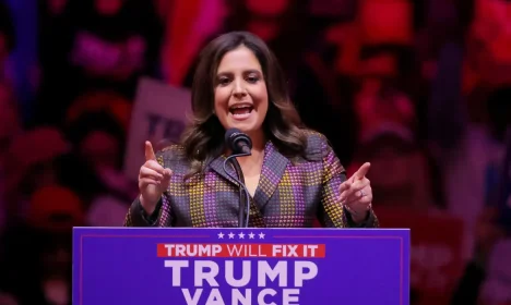 FILE PHOTO: Elise Stefanik, U.S. Representative, speaks during a rally for Republican presidential nominee and former U.S. President Donald Trump at Madison Square Garden, in New York, U.S., October 27, 2024. REUTERS/Andrew Kelly/File Photo