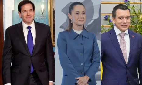 secretário de Estado dos EUA, Marco Rubio, ao lado da presidente do México, Claudia Sheinbaum, e do presidente do Equador, Daniel Noboa. Foto: Reuters/Proibida reprodução