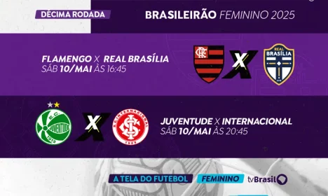 Rio de Janeiro (RJ), 08/05/2025 - A TV Brasil exibe, neste sábado (10), dois confrontos válidos pela décima rodada do Campeonato Brasileiro de Futebol Feminino – Série A1. Às 16h45, Flamengo e Real Brasília enfrentam-se no Rio de Janeiro (RJ). Mais tarde, às 20h45, Juventude e Internacional disputam o clássico gaúcho na cidade de Bento Gonçalves (RS). Arte: TV Brasil