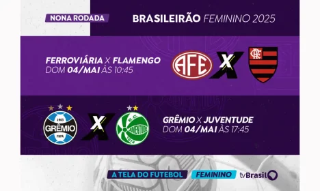 Brasília (DF), 30/04/2025 - A TV Brasil transmite dois jogos do Campeonato Brasileiro Feminino de Futebol, neste domingo (4). A jornada esportiva começa pela manhã, a partir das 10h45, quando a Ferroviária recebe o Flamengo na cidade de Araraquara (SP). Mais tarde, a partir das 17h45, Grêmio e Juventude enfrentam-se em Eldorado do Sul (RS). As partidas são válidas pela nona rodada da competição. Arte/Agência Brasil