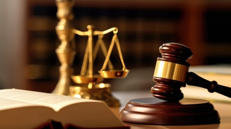 imagem de uma mesa com um martelo simbolo da justica, um livro ao lado e uma balança ao fundo