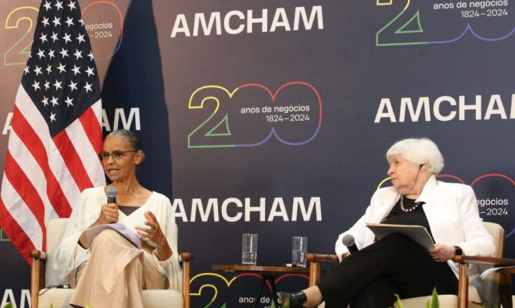 São Paulo (SP), 27/02/2024 - A ministra do Meio Ambiente e Mudança do Clima, Marina Silva, e a secretária do Tesouro dos Estados Unidos, Janet Yellen, participam de encontro da Câmara Americana de Comércio - Amcham Brasil, na Sala São Paulo, em Campos Elísios. Foto: Rovena Rosa/Agência Brasil