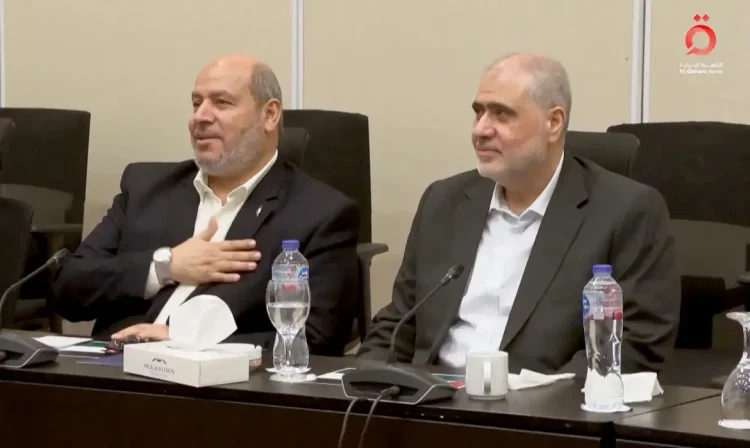 Senior Hamas official Khalil Al-Hayya gestures as he attends a meeting with Egyptian, Qatari and Turkish delegations ahead of a Gaza ceasefire deal announcement, in Sharm El-Sheikh, Egypt, October 8, 2025, in this still image obtained from a video. Al-Qahera News/Handout via REUTERS THIS IMAGE HAS BEEN SUPPLIED BY A THIRD PARTY. EGYPT OUT. NO COMMERCIAL OR EDITORIAL SALES IN EGYPT. MUST NOT OBSCURE LOGO.