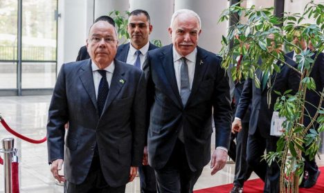 Palestinian Foreign Minister Riyad al-Maliki walks with Brazilian Foreign Minister Mauro Vieira, in Ramallah in the Israeli-occupied West Bank, March 17, 2024. REUTERS/Mohammed Torokman