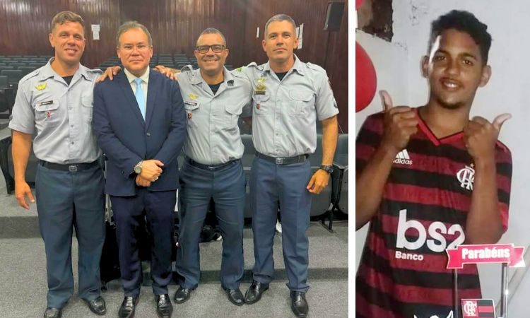 Advogado Anesiano Oliveira ao lado dos policiais e de camisa do Flamengo, o jovem Gabriel