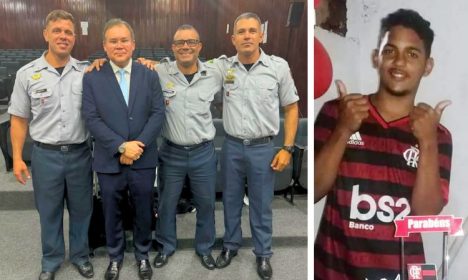 Advogado Anesiano Oliveira ao lado dos policiais e de camisa do Flamengo, o jovem Gabriel