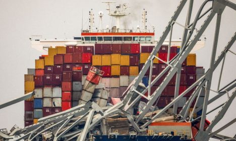 A view of the Dali cargo vessel which crashed into the Francis Scott Key Bridge causing it to collapse in Baltimore, Maryland, U.S., March 27, 2024. REUTERS/Mike Segar