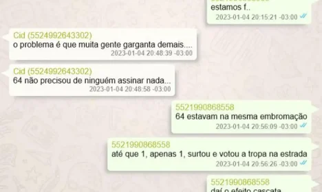 Brasília (DF), 26/11/2024 - Página do inquérito da Polícia Federal de indiciamento de crimes com mensagens de Mauro CId com golpistas que citam ditadura: “64 não precisou assinar nada”. Foto: Polícia Federal/Divulgação