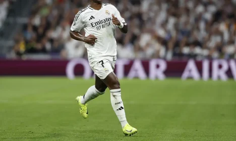 Soccer Football - Champions League - Real Madrid v Borussia Dortmund - Santiago Bernabeu, Madrid, Spain - October 22, 2024 Real Madrid's Vinicius Junior reacts REUTERS/Juan Medina