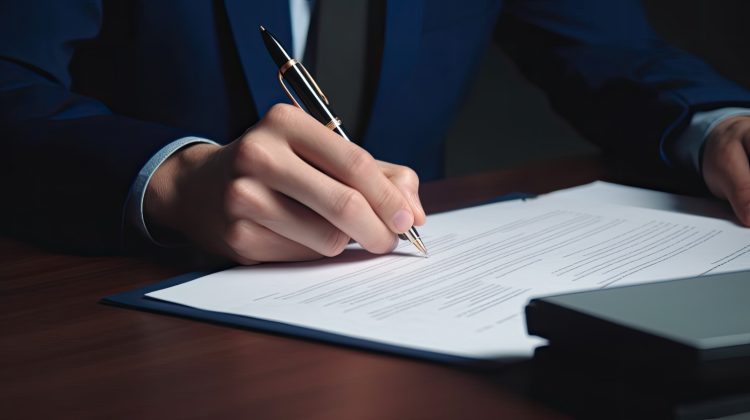 Imagem de um homem, sem aparecer o rosto, assinando um documento que está sob a mesa.